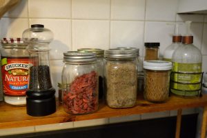 My numerous glass jars. Great for storing grains and spices! 